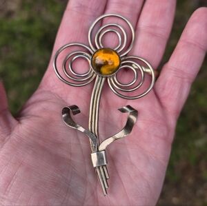 Sterling Silver Amber Glass Large Statement Flower Brooch 1940s 925